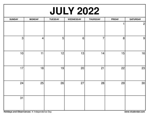 Calendar July 2022 Printable